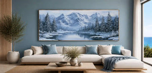 Snow mountain lake wall art with frosted pine trees and icy reflections for peaceful bedroom or living room decor.