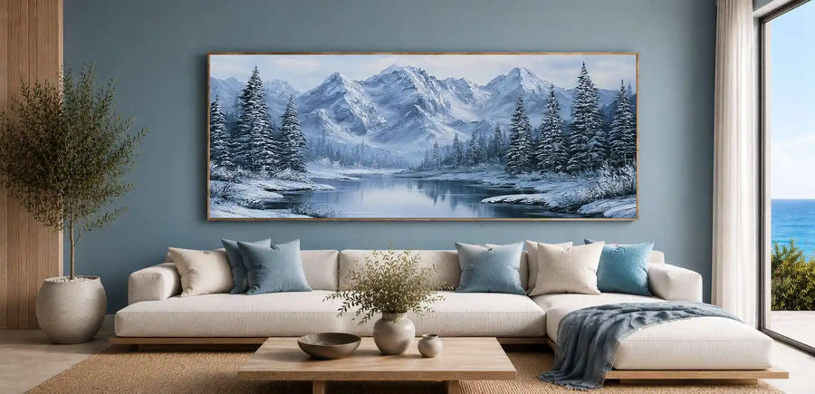 Snow mountain lake wall art with frosted pine trees and icy reflections for peaceful bedroom or living room decor.