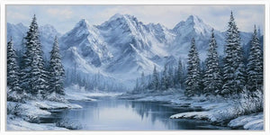 Snow mountain lake wall art with frosted pine trees and icy reflections for peaceful bedroom or living room decor.