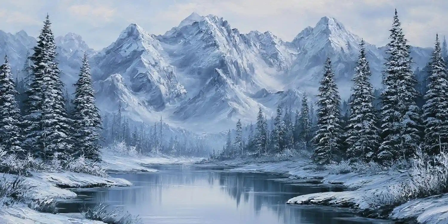 Snow mountain lake wall art with frosted pine trees and icy reflections for peaceful bedroom or living room decor.