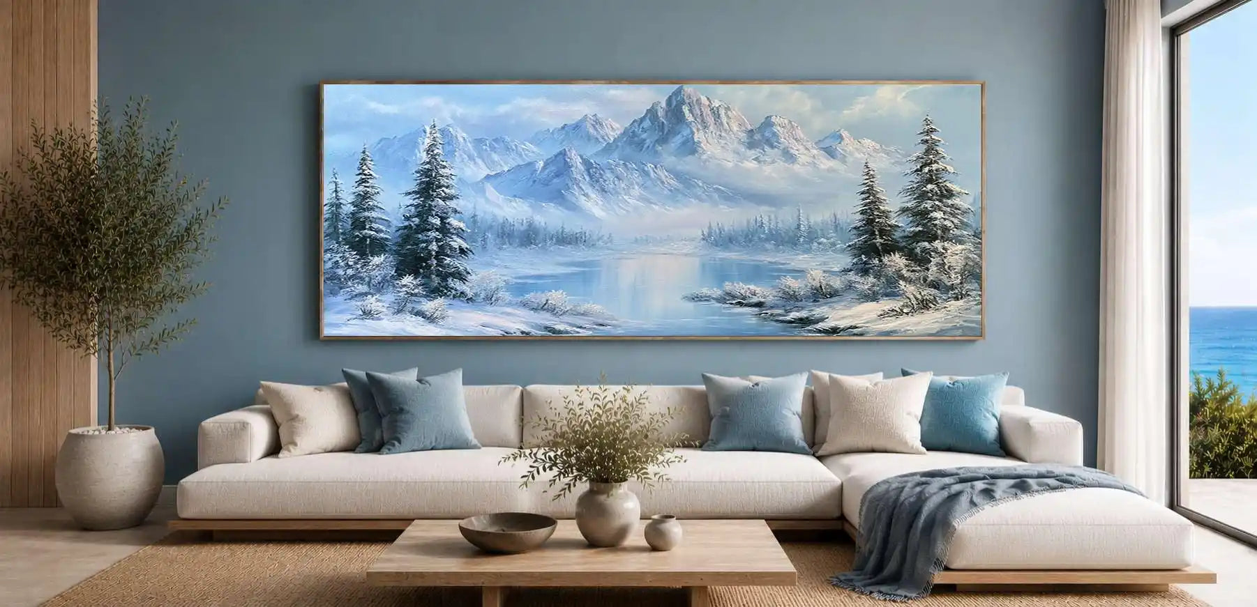 Winter alpine lake canvas print with snowy mountains and fir trees for elegant bedroom or living room decor.