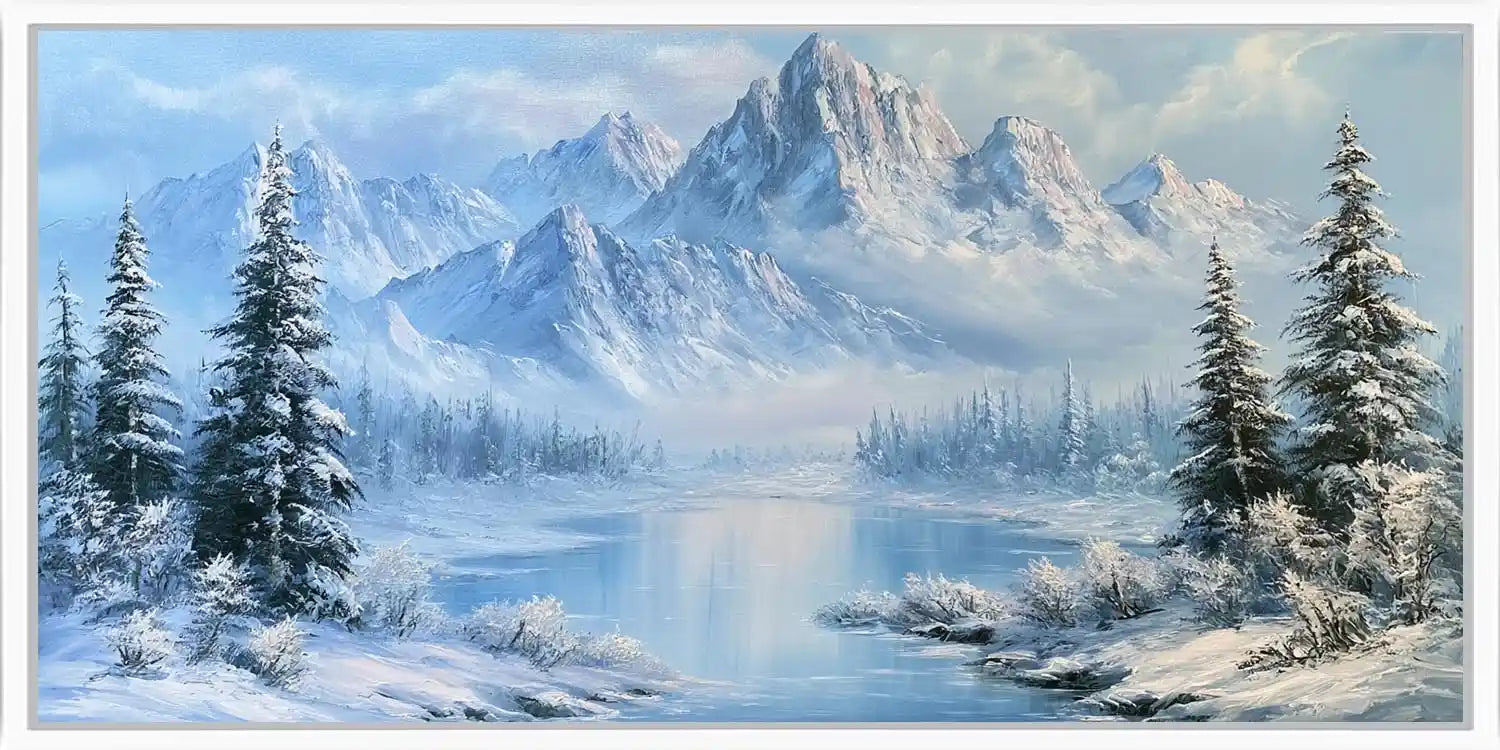 Winter alpine lake canvas print with snowy mountains and fir trees for elegant bedroom or living room decor.