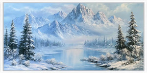 Winter alpine lake canvas print with snowy mountains and fir trees for elegant bedroom or living room decor.