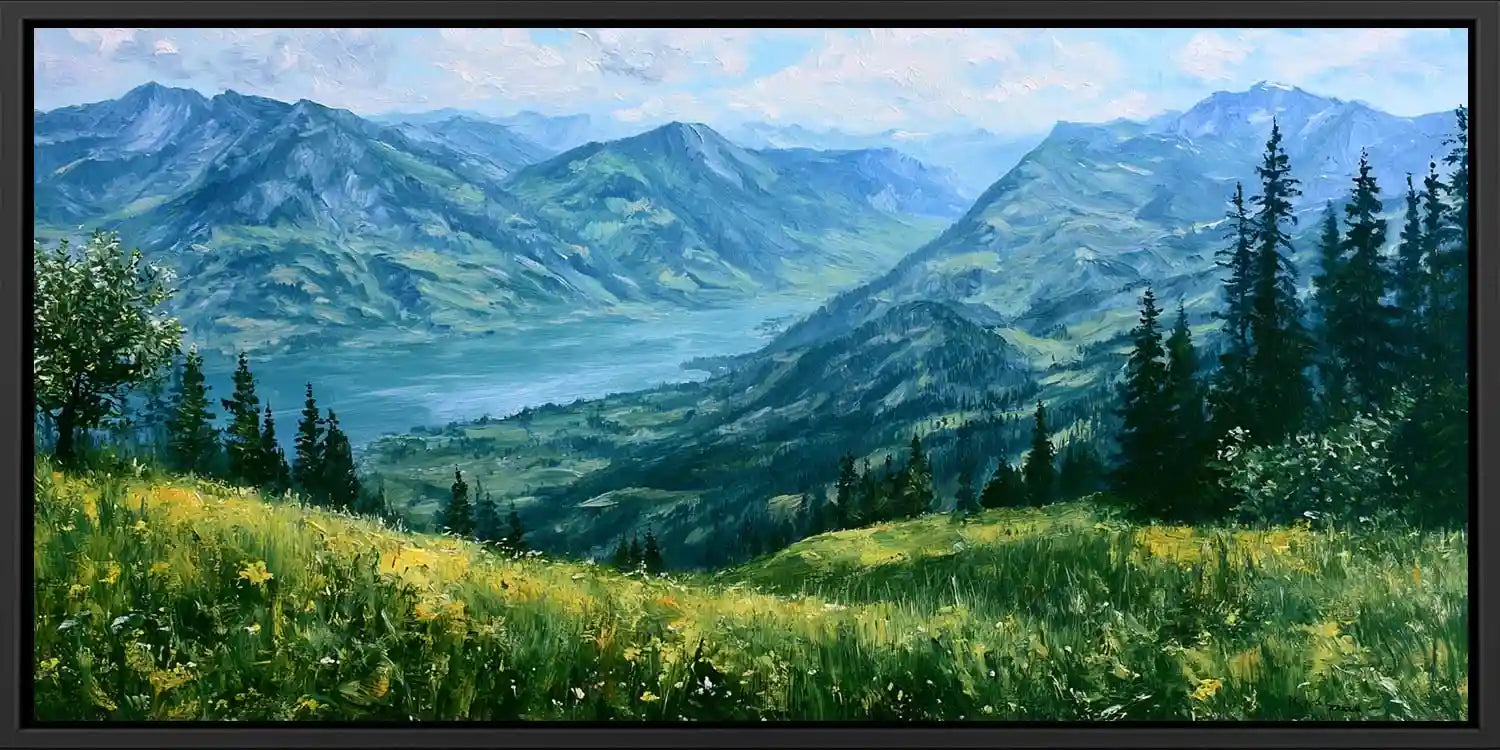 Panoramic alpine mountain lake canvas art with wildflower meadow for living room decor.