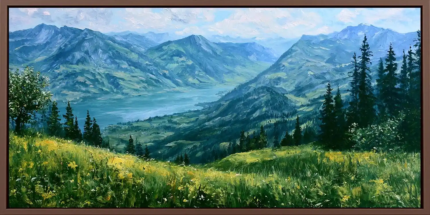 Panoramic alpine mountain lake canvas art with wildflower meadow for living room decor.
