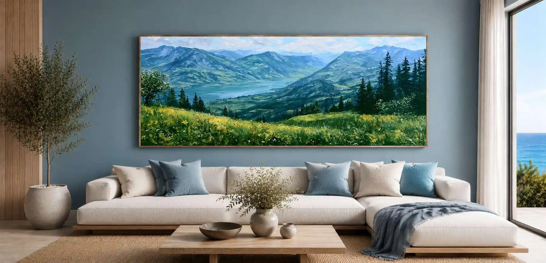 Panoramic alpine mountain lake canvas art with wildflower meadow for living room decor.