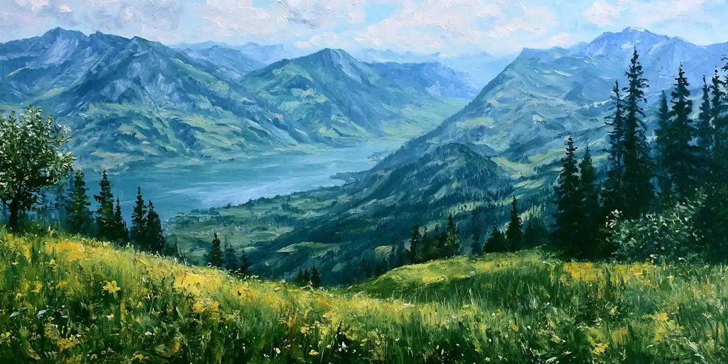 Panoramic alpine mountain lake canvas art with wildflower meadow for living room decor.