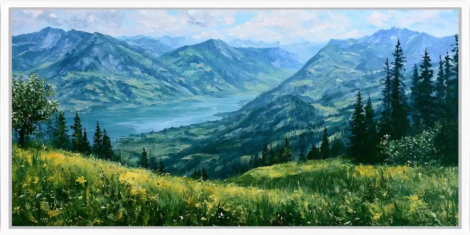 Panoramic alpine mountain lake canvas art with wildflower meadow for living room decor.