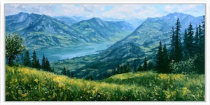 Panoramic alpine mountain lake canvas art with wildflower meadow for living room decor.