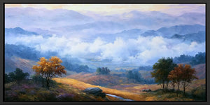 Panoramic misty autumn valley landscape canvas art for warm living room decor.