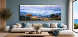 Panoramic misty autumn valley landscape canvas art for warm living room decor.