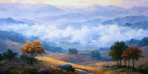 Panoramic misty autumn valley landscape canvas art for warm living room decor.