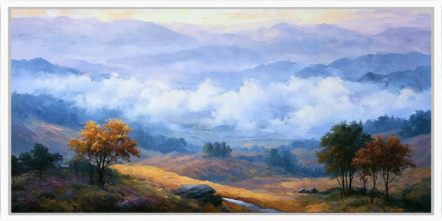 Panoramic misty autumn valley landscape canvas art for warm living room decor.