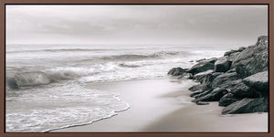 Neutral black and white coastal canvas art with rocks for calming bedroom decor.