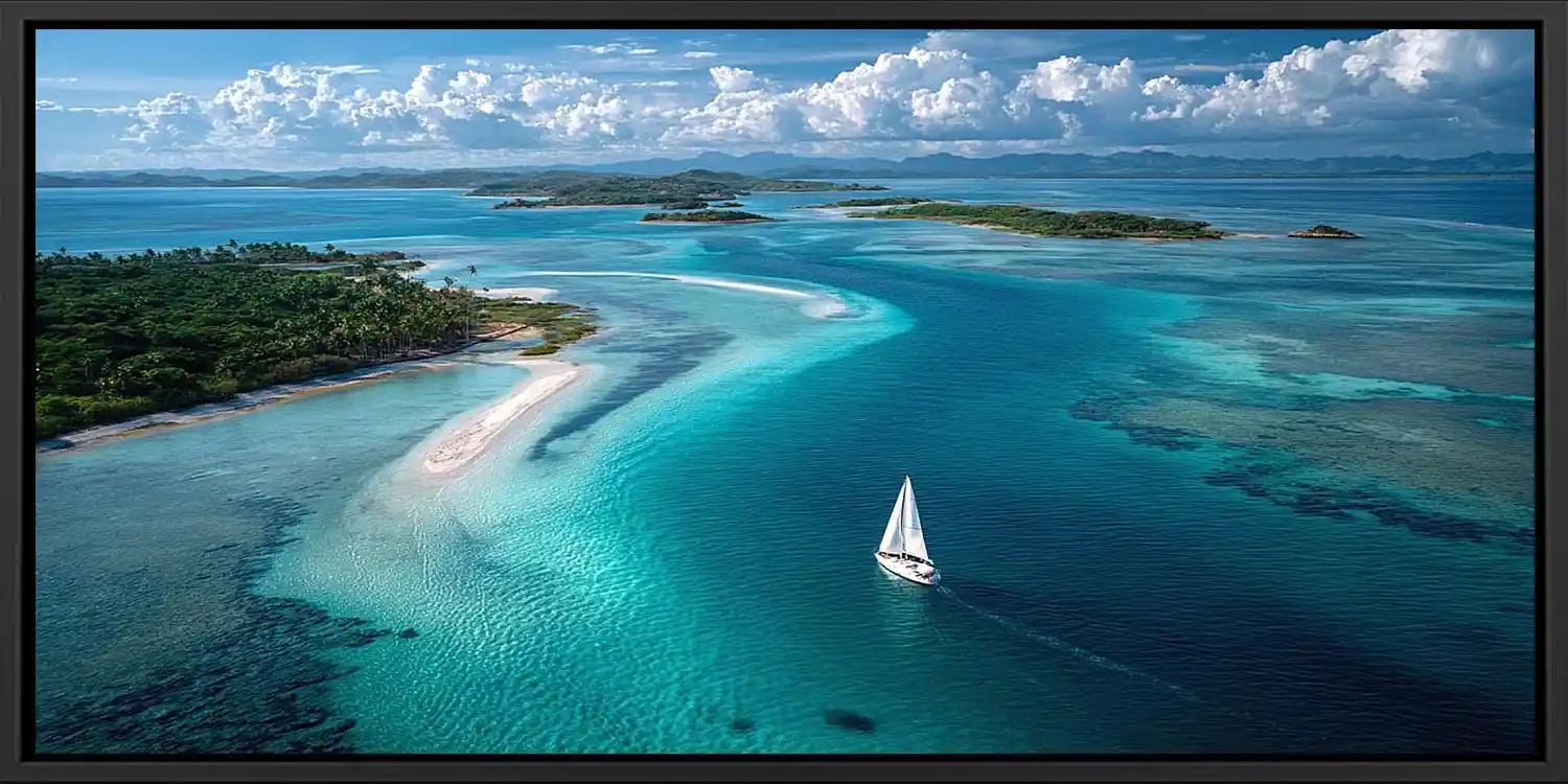Turquoise island sailboat canvas art for luxury coastal living room decor.