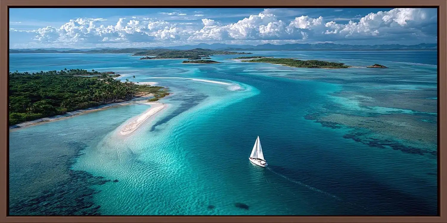 Turquoise island sailboat canvas art for luxury coastal living room decor.
