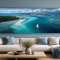 Turquoise island sailboat canvas art for luxury coastal living room decor.