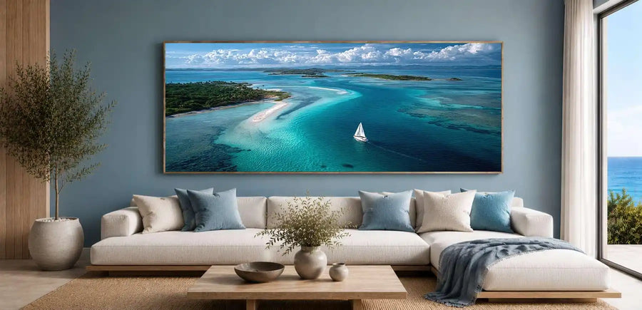 Turquoise island sailboat canvas art for luxury coastal living room decor.