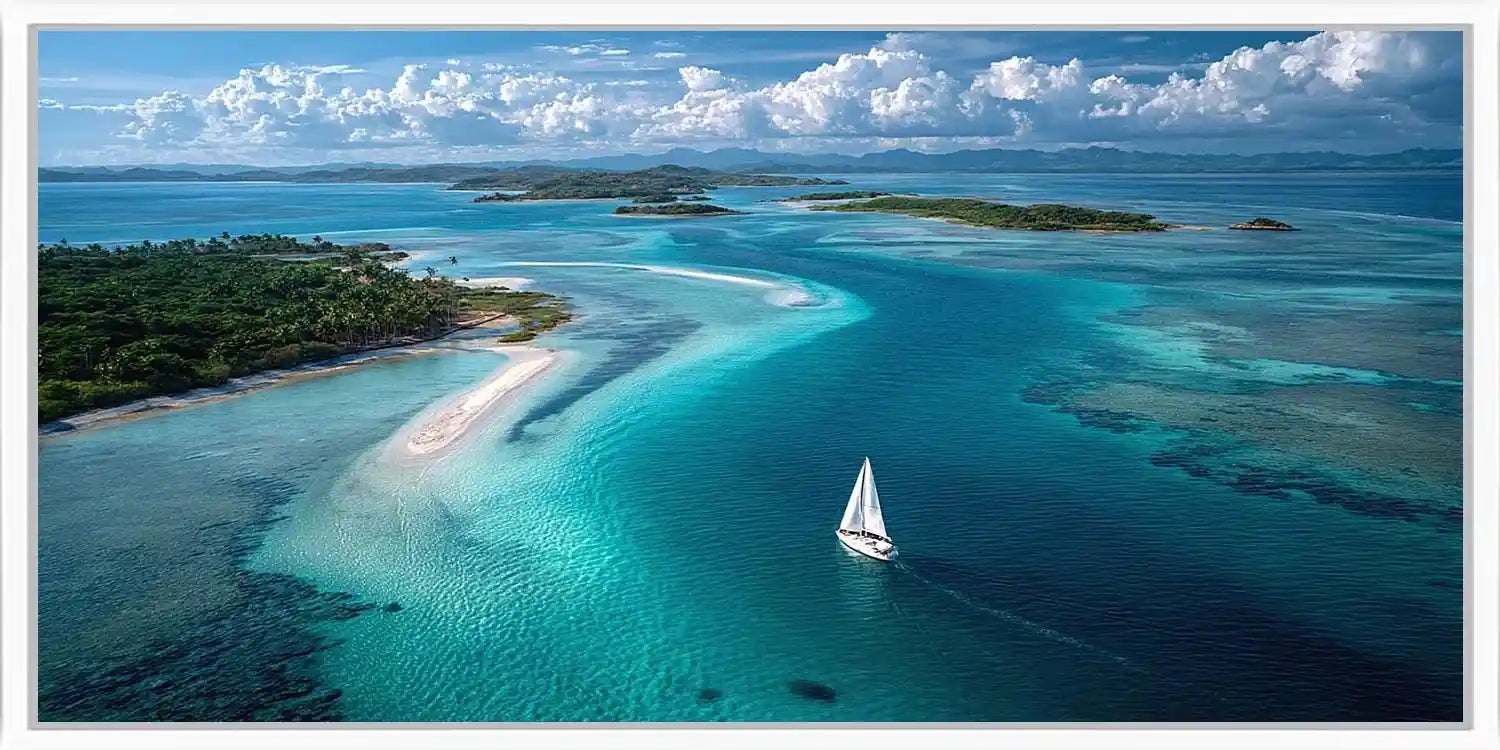 Turquoise island sailboat canvas art for luxury coastal living room decor.