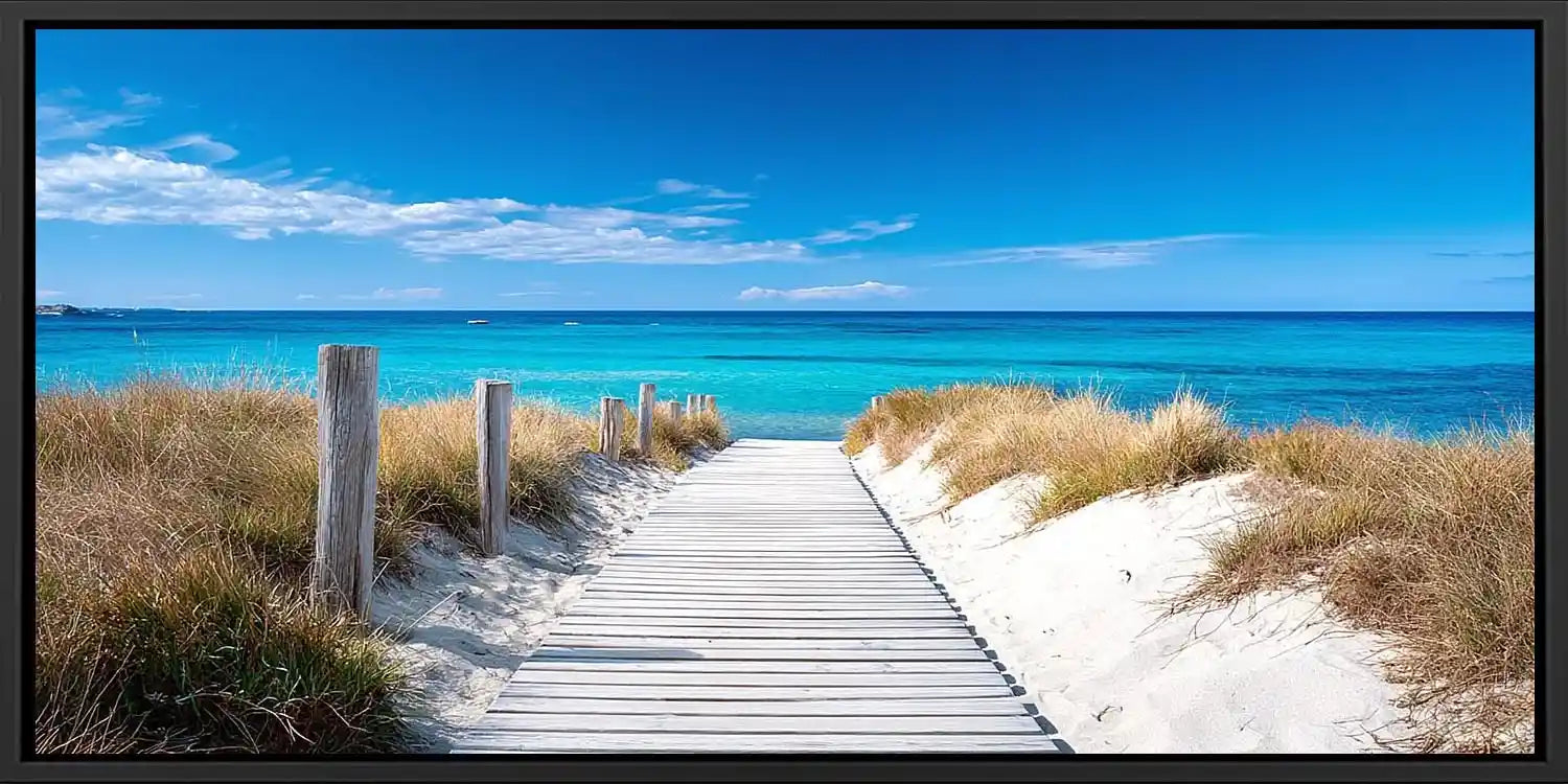 Coastal boardwalk canvas art with white dunes for bright entryway decor.