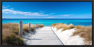 Coastal boardwalk canvas art with white dunes for bright entryway decor.