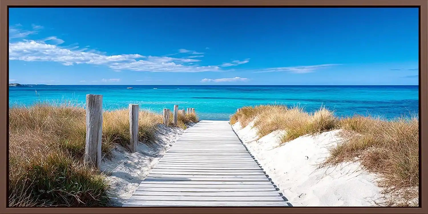 Coastal boardwalk canvas art with white dunes for bright entryway decor.