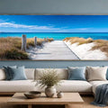 Coastal boardwalk canvas art with white dunes for bright entryway decor.