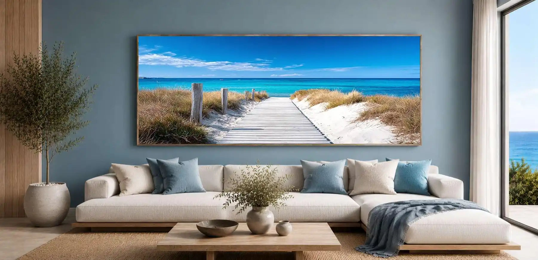 Coastal boardwalk canvas art with white dunes for bright entryway decor.