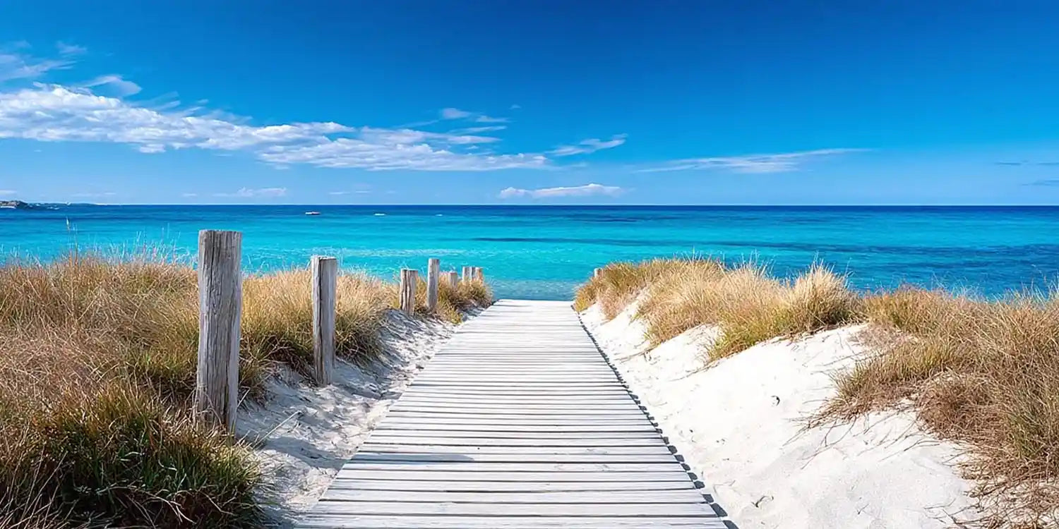 Coastal boardwalk canvas art with white dunes for bright entryway decor.