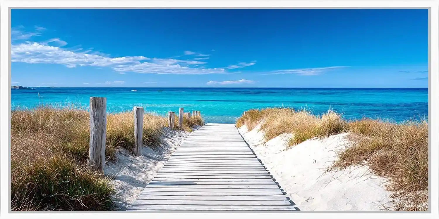 Coastal boardwalk canvas art with white dunes for bright entryway decor.