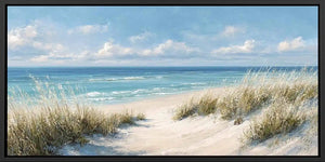 Soft coastal dune canvas art with seagrass for serene bedroom wall decor.