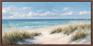 Soft coastal dune canvas art with seagrass for serene bedroom wall decor.