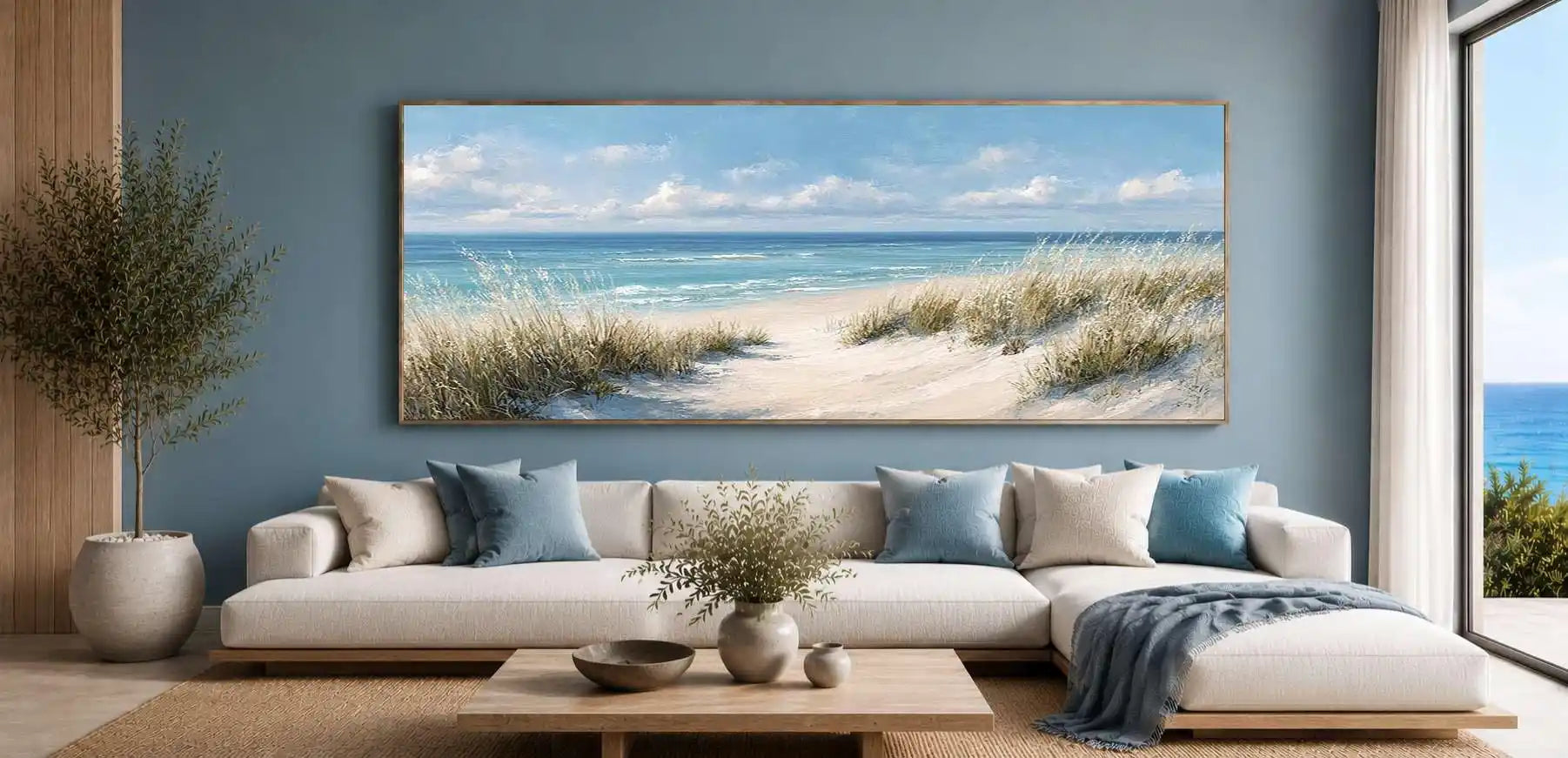 Soft coastal dune canvas art with seagrass for serene bedroom wall decor.