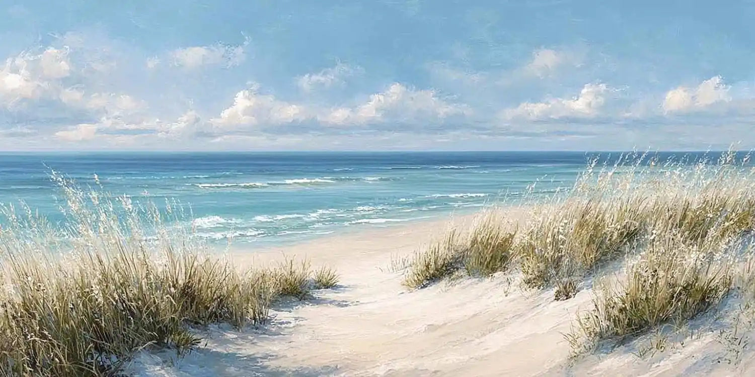 Soft coastal dune canvas art with seagrass for serene bedroom wall decor.