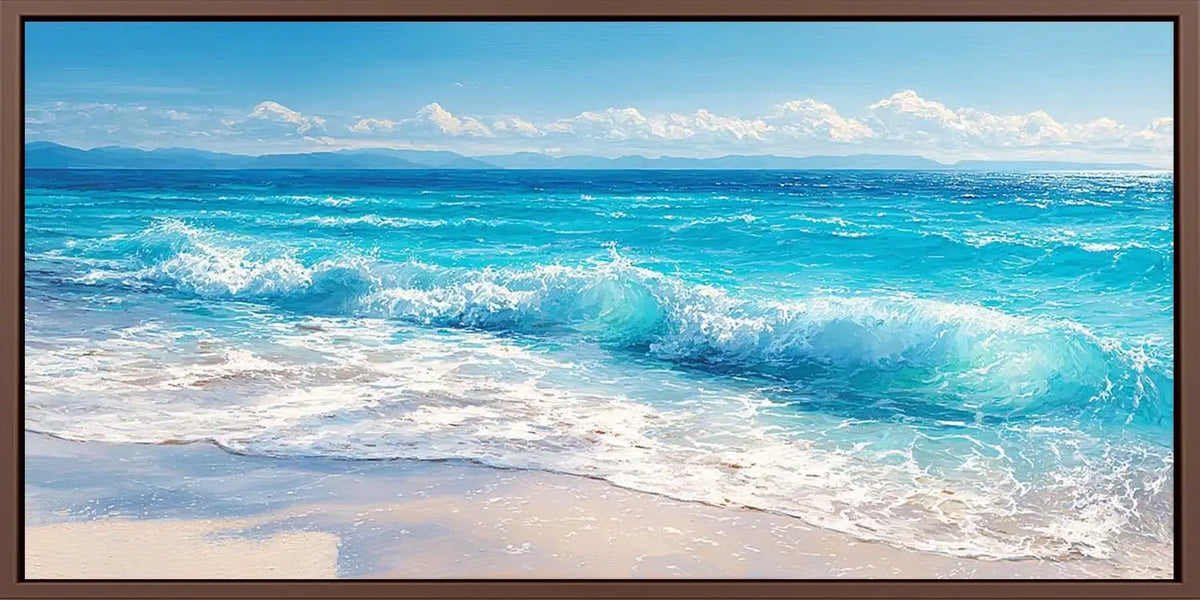 Panoramic turquoise ocean wave canvas art for coastal living room decor.