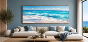 Panoramic turquoise ocean wave canvas art for coastal living room decor.