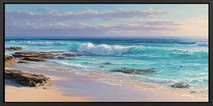 Rocky coastal beach canvas art with blue waves for modern living room decor.