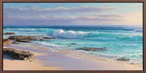 Rocky coastal beach canvas art with blue waves for modern living room decor.