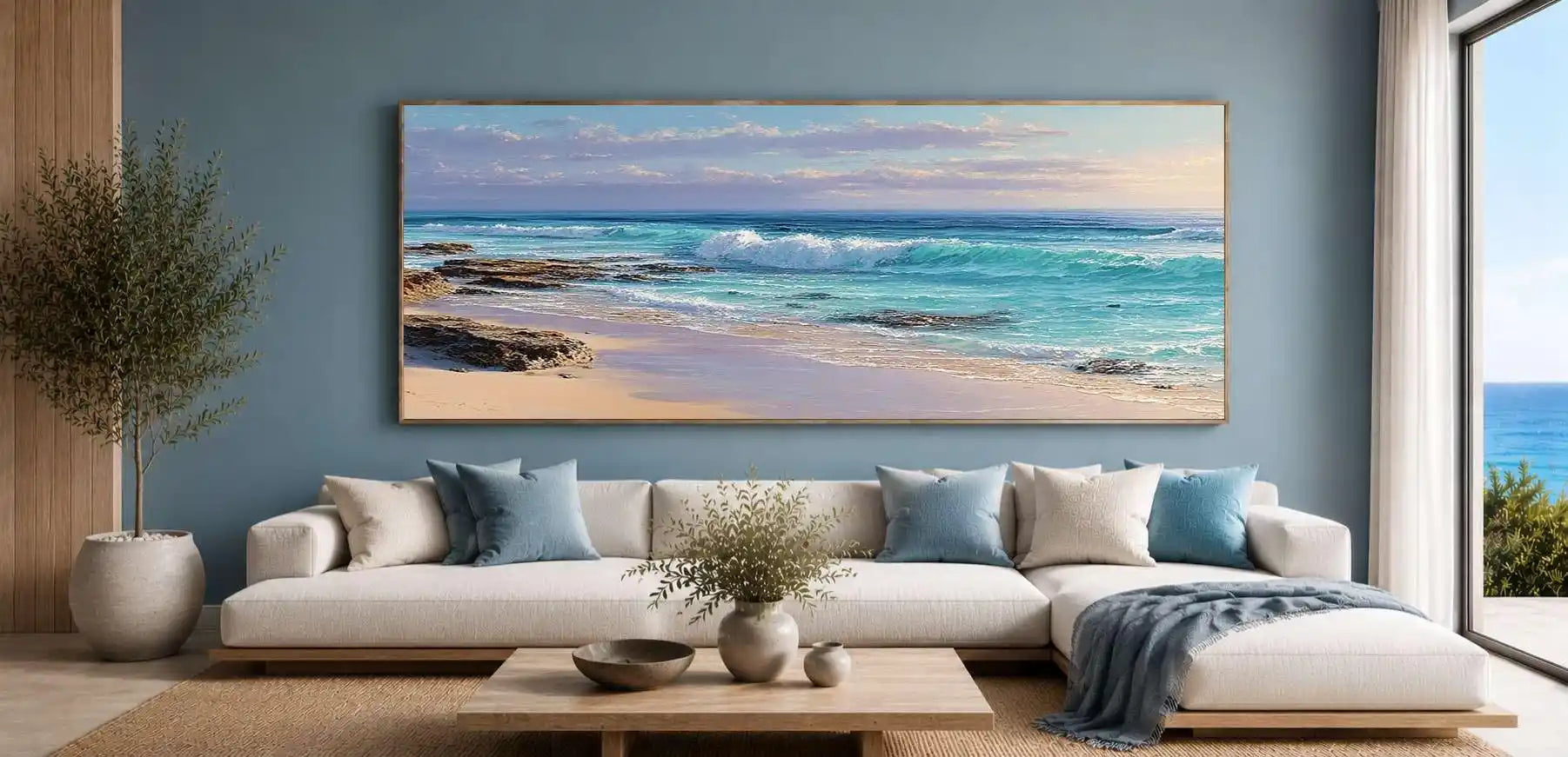 Rocky coastal beach canvas art with blue waves for modern living room decor.