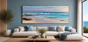 Rocky coastal beach canvas art with blue waves for modern living room decor.