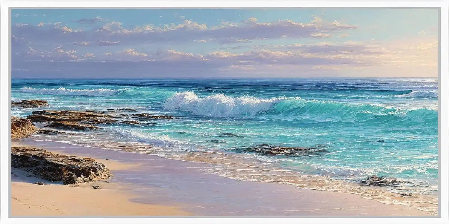 Rocky coastal beach canvas art with blue waves for modern living room decor.