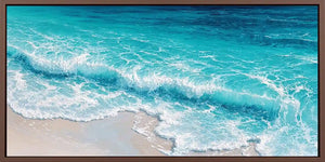 Close-up turquoise wave canvas art for coastal modern living room decor.