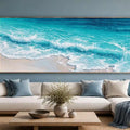 Close-up turquoise wave canvas art for coastal modern living room decor.