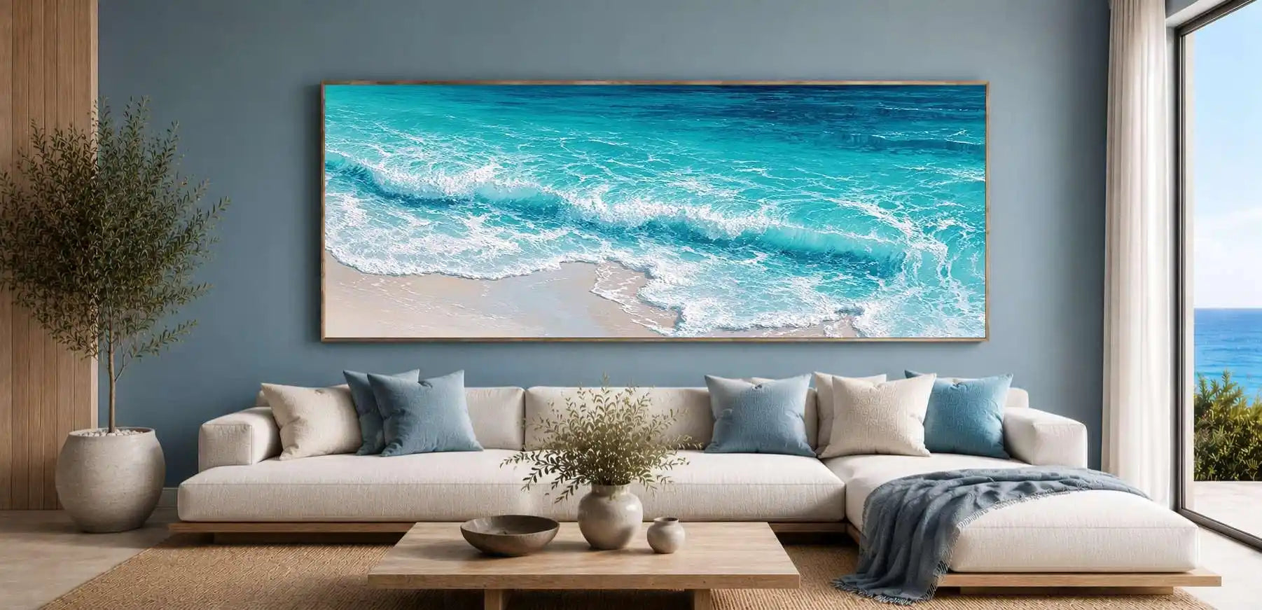 Close-up turquoise wave canvas art for coastal modern living room decor.