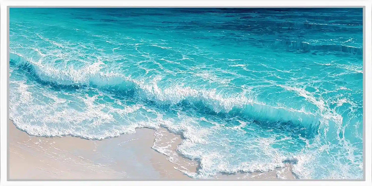 Close-up turquoise wave canvas art for coastal modern living room decor.