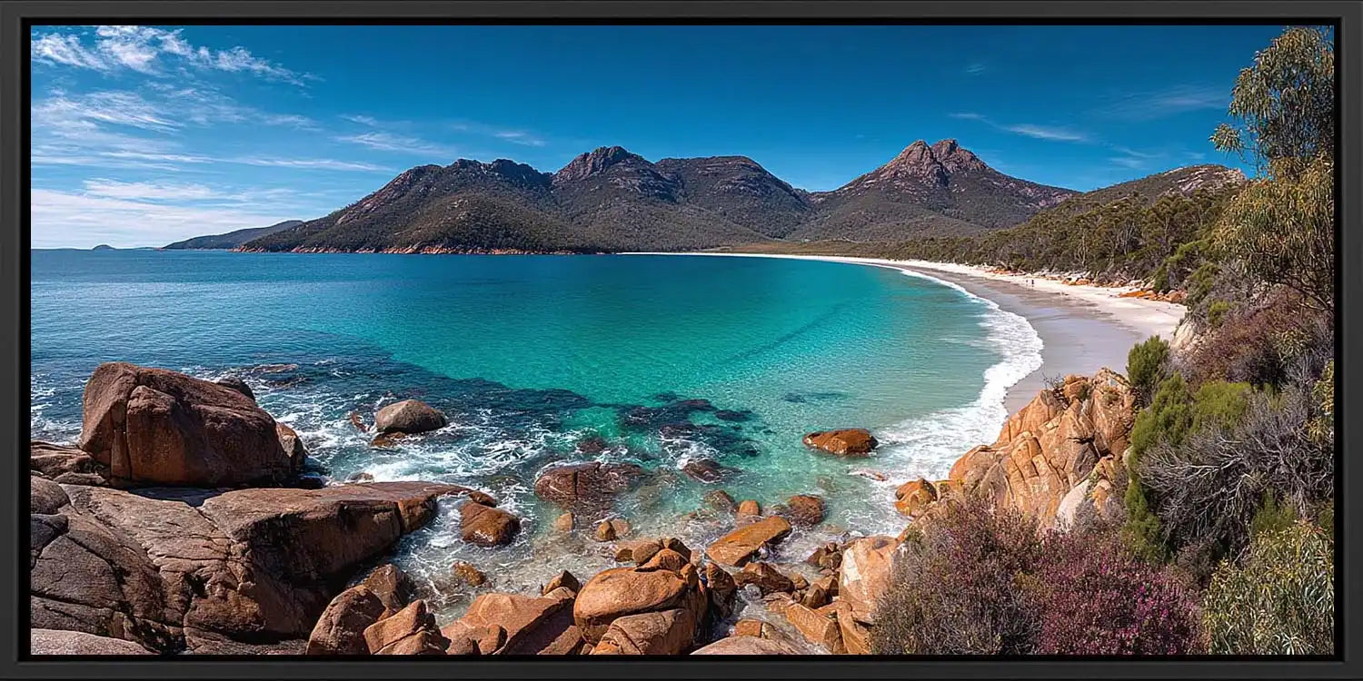Turquoise coastal bay canvas art with mountains for modern beach house decor.