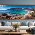 Turquoise coastal bay canvas art with mountains for modern beach house decor.