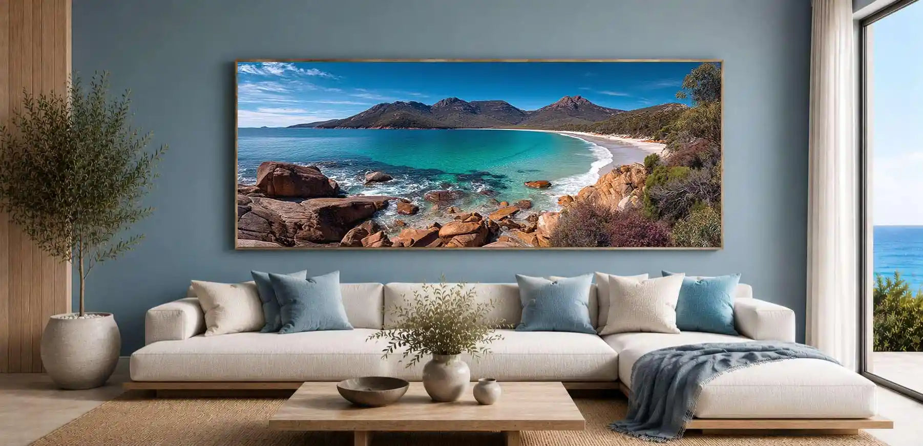 Turquoise coastal bay canvas art with mountains for modern beach house decor.