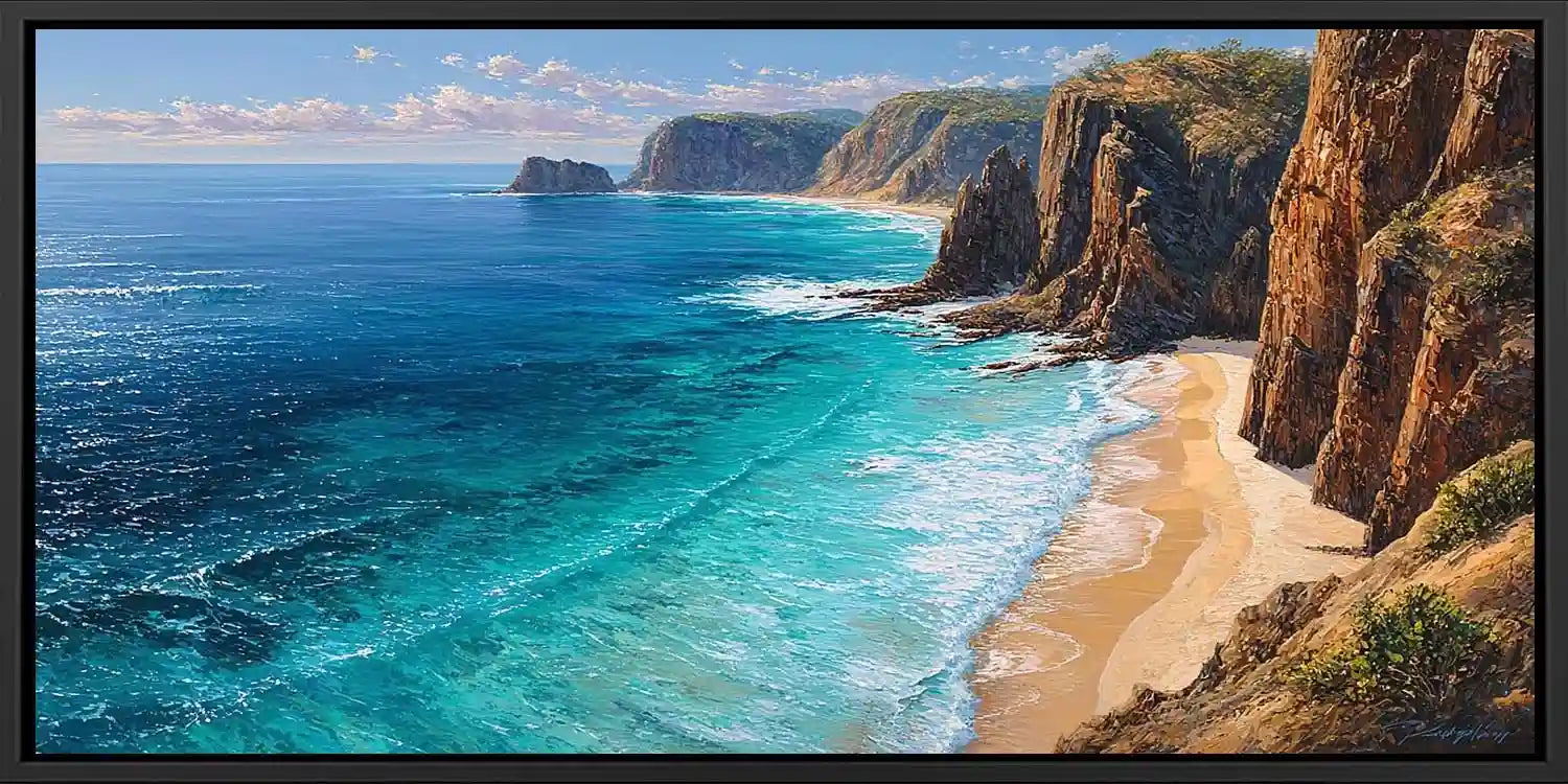 Dramatic cliff cove coastal canvas art for luxury living room decor.