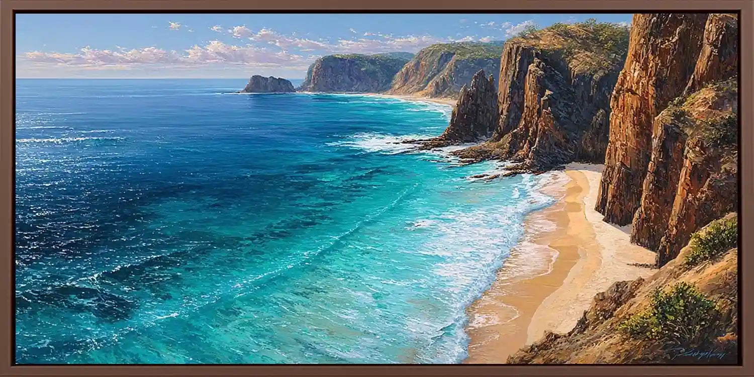 Dramatic cliff cove coastal canvas art for luxury living room decor.